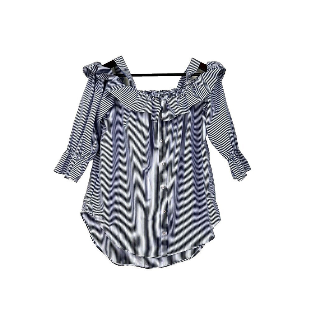 Janet Chung Womens Size L Blouse Blue White Striped Off Shoulder Ruffle Top H2 - Picture 3 of 12